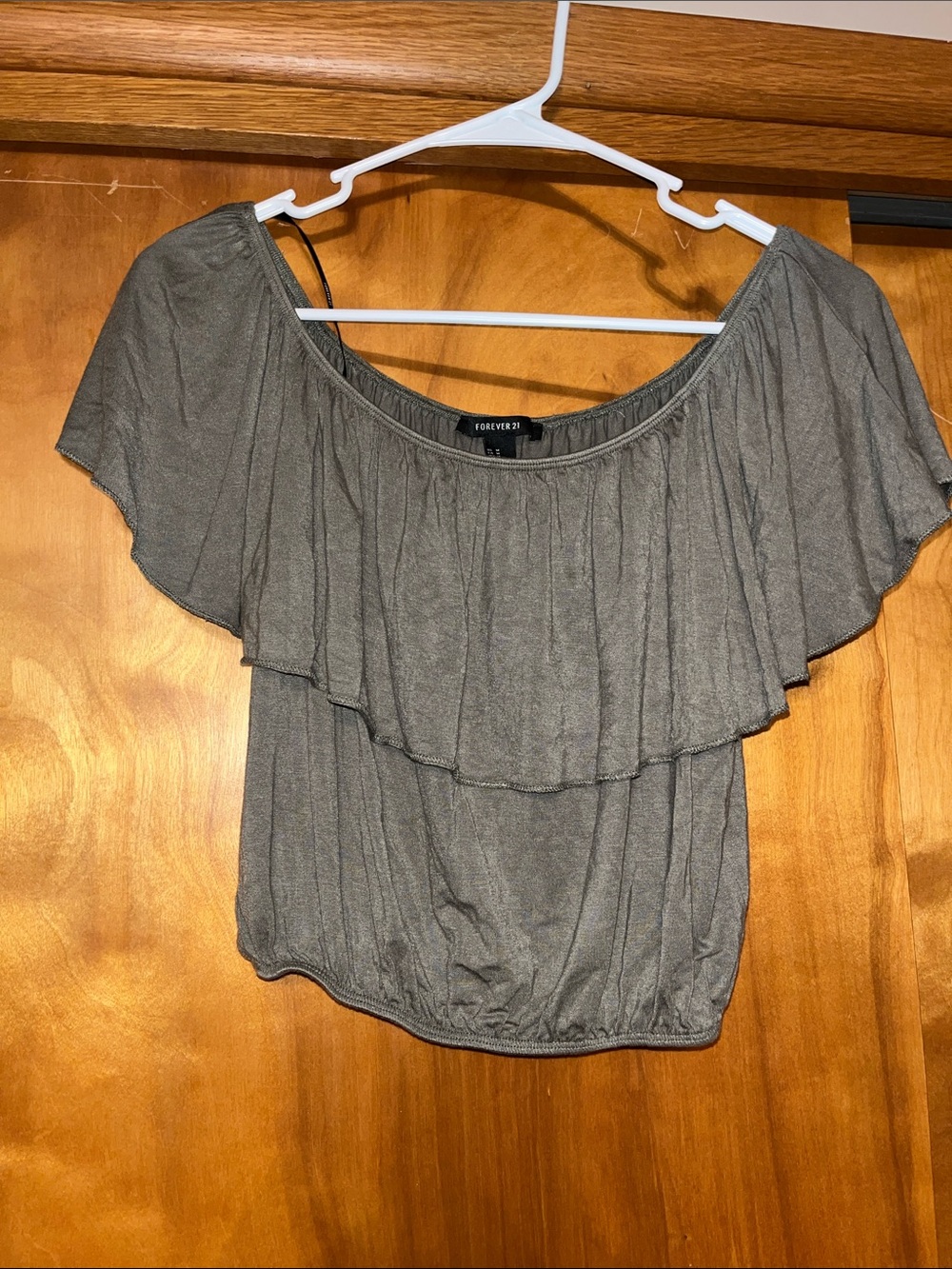 Forever 21 Olive Green Ruffle Off-Shoulder Crop Top